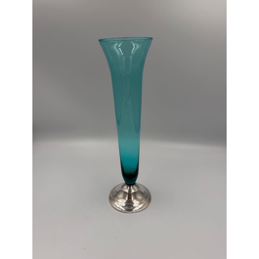 VTG/MCM Duchin Creation Sterling Silver Weighted Turquoise Glass Trumpet Vase
